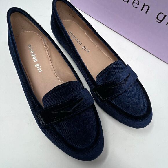 MADDEN GIRL Carmello Penny Loafers Size 7 Navy Blue Velvet Slip-On Flats Preppy - Picture 2 of 11